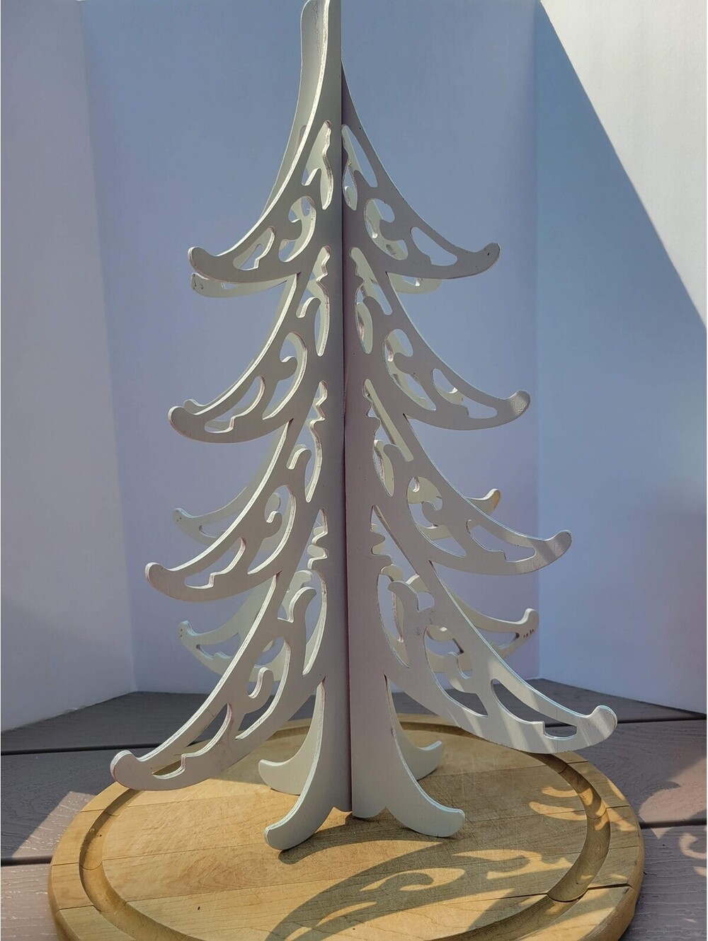 White Wood Christmas Tree Centerpiece Scroll Cut Standing Tabletop Holiday Decor
